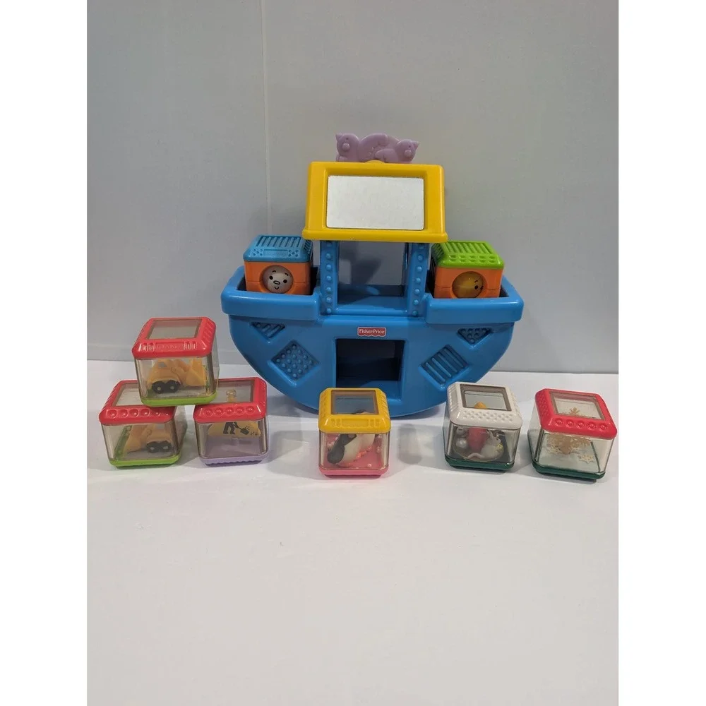 Fisher Price Noahs Ark Rocking Boat Toy with 8 Peek-a-Blocks Blue Yellow 2003